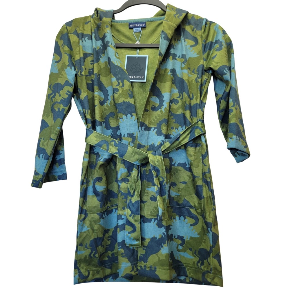 NEW Andy &‎ Evan Boys Green Dinosaur Print Hooded Fleece Bath Robe Size S 5/6